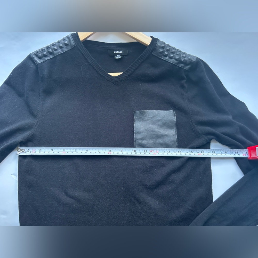 Rudsak black pullover sweater with leather pocket and leather shoulder patches - Picture 3 of 5